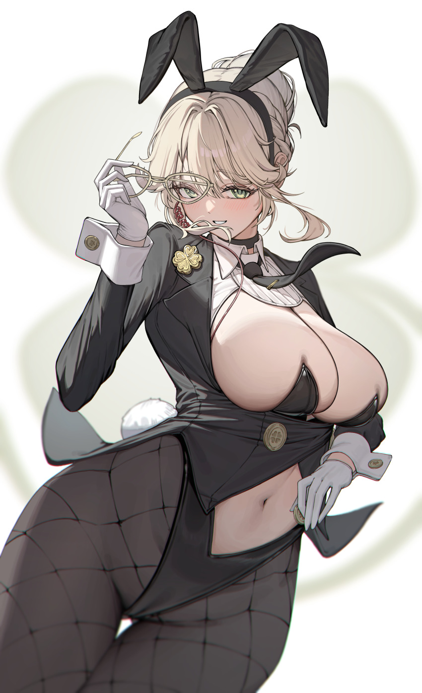 absurdres, ade_(agent_bunny)_(nikke), ade_(nikke), animal_ears, black_jacket, black_leotard, blonde_hair, breasts, clothing_cutout, detached_collar, fake_animal_ears, fishnet_pantyhose, fishnets, glasses, gloves, goddess_of_victory:_nikke, green_eyes, highleg, highleg_leotard, highres, jacket, ko_uniii, large_breasts, leotard, long_sleeves, navel, navel_cutout, pantyhose, playboy_bunny, rabbit_ears, rabbit_tail, strapless, strapless_leotard, tail, white_gloves, wrist_cuffs