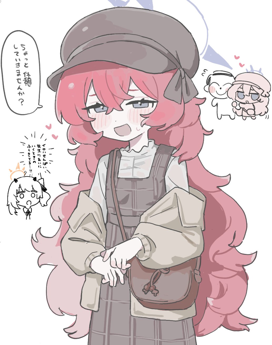 1boy, 2girls, bag, blue_archive, blush, brown_dress, brown_hat, doodle_sensei_(blue_archive)