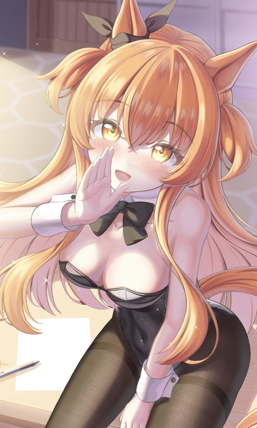 1girl, :d, absurdres, animal_ears, black_bow, black_leotard, black_thighhighs, blush