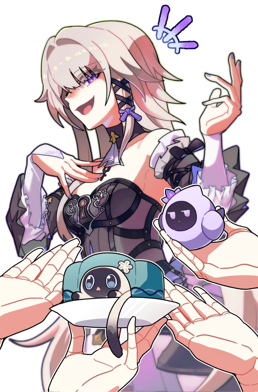 3girls, :d, ascot, black_choker, black_dress, breasts, choker, detached_sleeves, dress, grey_hair, hair_intakes, hand_on_own_chest, herta_(honkai:_star_rail), herta_(puppet)_(honkai:_star_rail), herta_(simulated_universe_avatar)_(honkai:_star_rail), highres, holding, honkai:_star_rail, honkai_(series), loelyu126161, long_hair, long_sleeves, looking_at_viewer, multiple_girls, nail_polish, missing_headwear, open_mouth, purple_eyes, purple_nails, simple_background, small_breasts, smile, solo_focus, strapless, strapless_dress, the_herta_(honkai:_star_rail), white_background