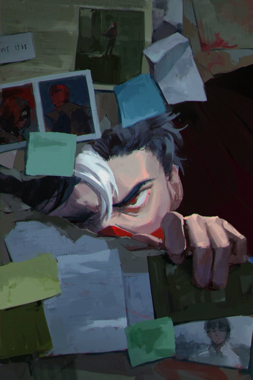 1boy, batman_(series), batman_symbol, black_bodysuit, black_gloves, black_hair, bodysuit, brown_jacket, chapter_56, dc_comics, domino_mask, eye_mask, gloves, grey_bodysuit, highres, jacket, jason_todd, mask, multicolored_bodysuit, muscular, muscular_male, open_clothes, red_hood_(dc), red_hood_and_the_outlaws, red_mask, short_hair, superhero_costume, two-tone_bodysuit