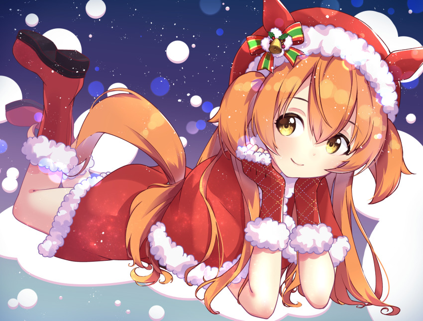1girl, animal_ears, blush, boots, bow, capelet, christmas, closed_mouth, commentary, comomo, dress, fingerless_gloves, full_body, fur-trimmed_boots, fur-trimmed_capelet, fur-trimmed_dress, fur-trimmed_gloves, fur-trimmed_headwear, fur_trim, gloves, gradient_background, hair_between_eyes, hair_ornament, hand_on_own_cheek, hand_on_own_face, hat, hat_bell, highres, horse_ears, horse_girl, horse_hat, horse_tail, knee_boots, long_hair, looking_at_viewer, lying, mayano_top_gun_(party_formation)_(umamusume), mayano_top_gun_(umamusume), night, official_alternate_costume, on_stomach, orange_hair, plaid_clothes, plaid_gloves, red_boots, red_capelet, red_dress, red_gloves, santa_costume, santa_dress, santa_hat, sky, smile, solo, star_(sky), starry_sky, tail, two_side_up, umamusume
