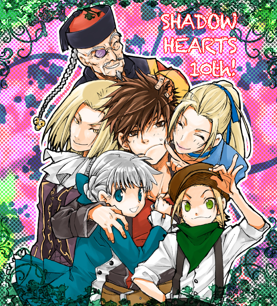 2girls, 4boys, alice_elliot, belt, blonde_hair, blue_eyes, blue_ribbon, braid