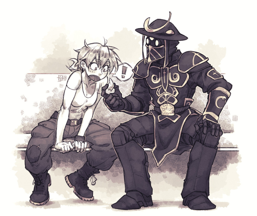 !, 1boy, 1girl, artist_logo, belt, between_legs, body_armor, boots