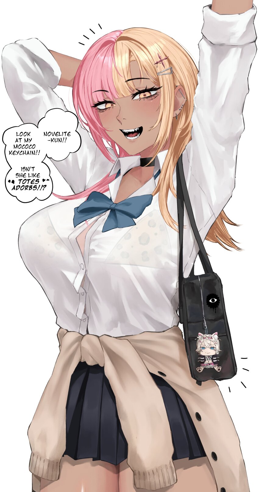 1girl, absurdres, animal_ear_fluff, animal_ears, animal_print, bag, bag_charm, bandaid, bandaid_hair_ornament, belt, bikini, black_choker, black_collar, blonde_hair, blue_eyes, blue_hair, blush, breasts, cardigan, cardigan_around_waist, character_charm, charm_(object), choker, cleavage, clothes_around_waist, collar, dark-skinned_female, dark_skin, dog_ears, dog_girl, dog_tail, ear_piercing, earrings, fake_horns, frilled_shorts, frills, gyaru, hair_ornament, hairband, headband, highres, hololive, hololive_english, horn_hairband, jewelry, kizuru09, kogal, large_breasts, leopard_print, leopard_print_bikini, long_hair, looking_at_viewer, mococo_abyssgard, multicolored_hair, open_mouth, piercing, pink_belt, pink_eyes, pink_hair, pink_hairband, pink_headband, pleated_skirt, print_bikini, school_uniform, scrunchie, shiori_novella, shirt, shorts, simple_background, skirt, smile, solo, spiked_collar, spikes, split-color_hair, streaked_hair, swimsuit, tail, tan, two-tone_hair, virtual_youtuber, white_shirt, x_hair_ornament, yellow_eyes