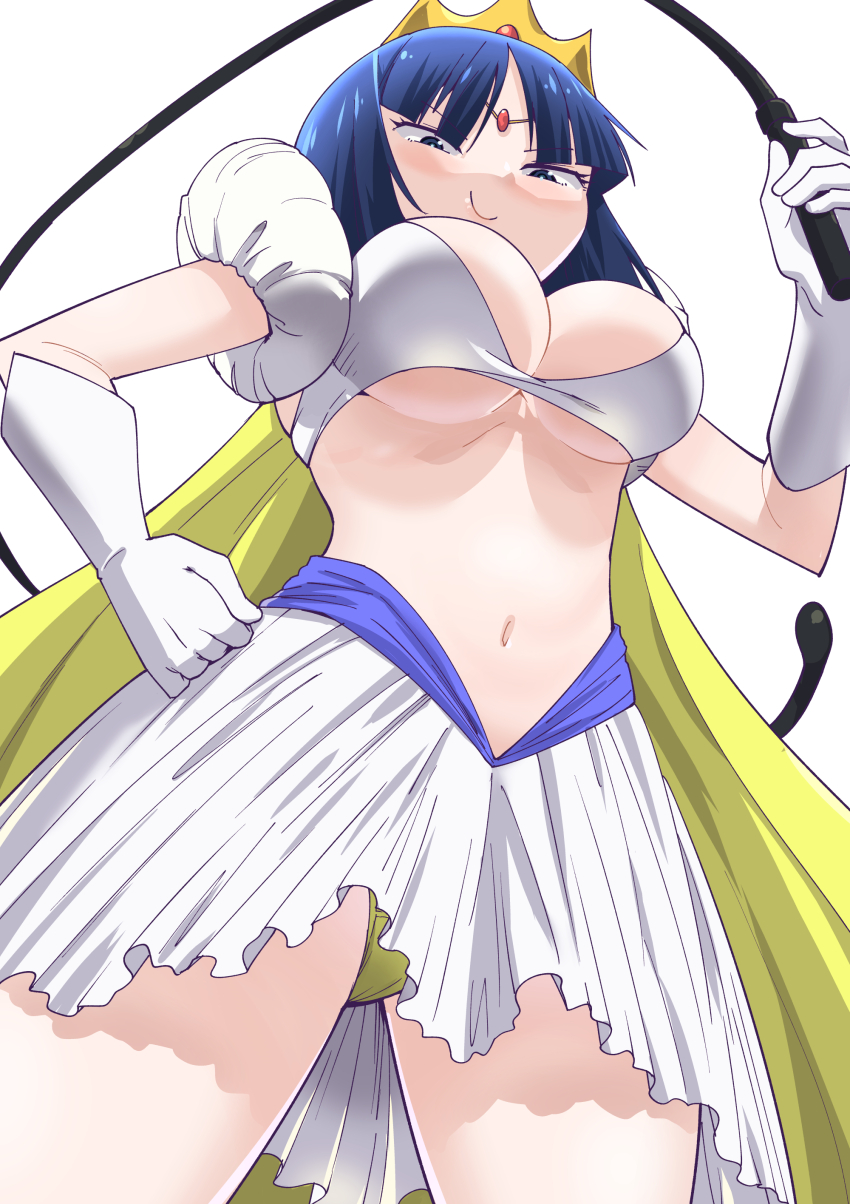 1girl, absurdres, breasts, cape, cleavage, closed_mouth, crown, daikaijuu_monogatari, gloves, highres, holding, holding_whip, kirara_(daikaijuu_monogatari), large_breasts, looking_at_viewer, navel, panties, short_hair, simple_background, skirt, smile, solo, toku_sonchou, underwear, white_background, white_gloves, yellow_cape, yellow_panties