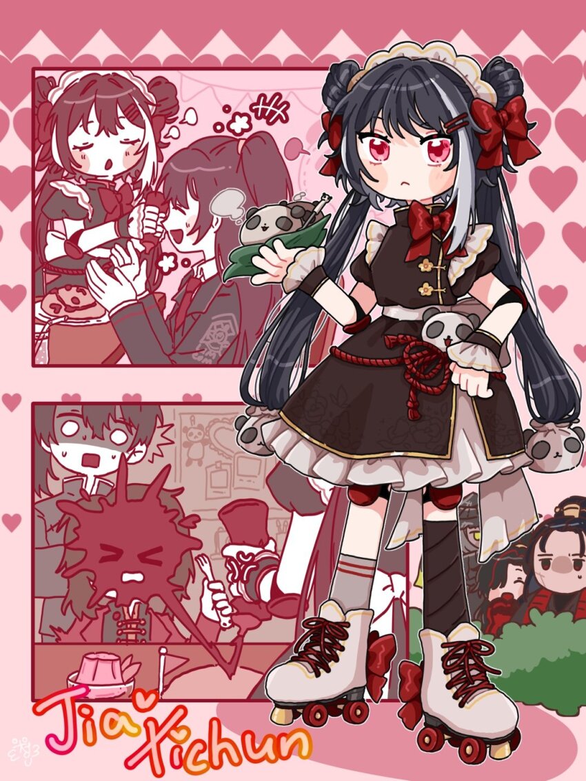 3girls, 4boys, :<, :o, alternate_costume, black_dress, black_hair, black_socks