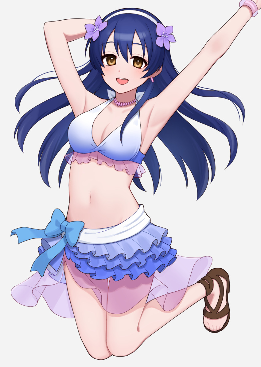 1girl, armpits, arms_up, bikini, blue_hair, breasts, floating_hair, flower