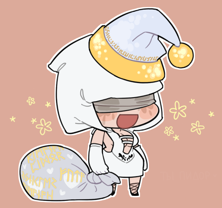 1girl, black_shoes, blindfold, border, breasts, chibi, christmas, circe_(e.y.e:_divine_cybermancy)