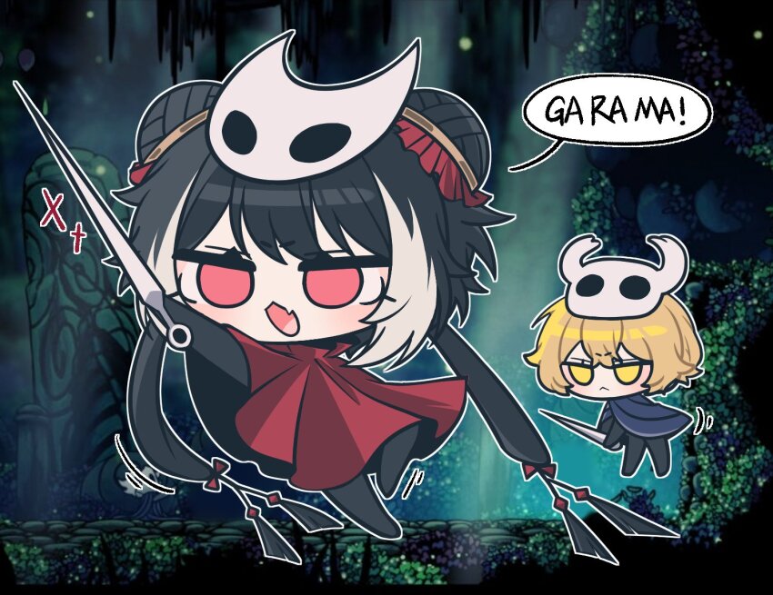 1boy, 1girl, black_hair, blonde_hair, chibi, chibi_only, cloak, closed_mouth