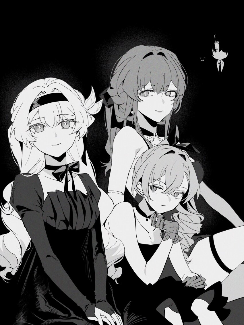 1boy, 3girls, :3, ahoge, alternate_costume, blade_(honkai:_star_rail), blade_(jepella_rebellion)_(honkai:_star_rail), bow