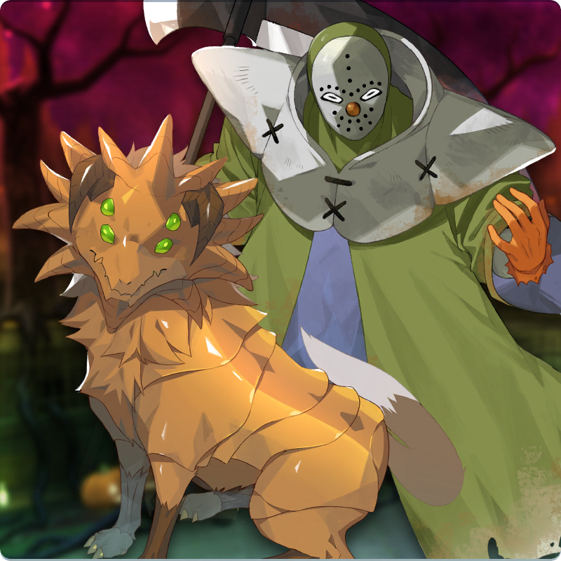 blodshed_(monster_farm), horns, jagd_hound_(monster_farm), joker_(monster_farm), line:_monster_farm, mask, monster, monster_farm, multiple_eyes, official_art, scythe, tiger_(monster_farm)