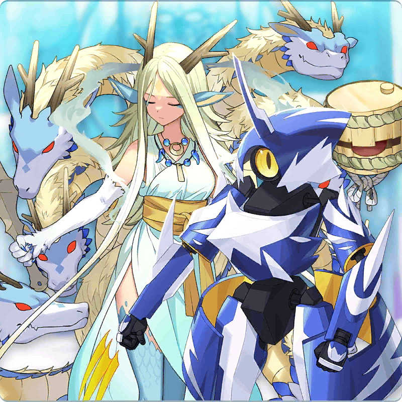 animal_ears, blonde_hair, closed_eyes, henger_(monster_farm), horns, japanese_clothes, kimono, kyuubi_(monster_farm)