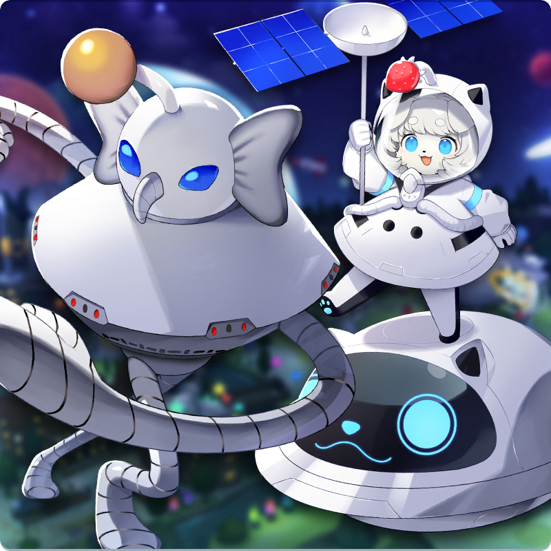 1girl, antennae, astronaut, astronaut_helmet, blue_eyes, dog_girl, dress, food, fruit, furry, furry_female, grey_hair, line:_monster_farm, metalner_(monster_farm), monster_farm, monster_girl, official_art, robot, satellite, strawberry, thick_eyebrows, ufo, wanufo_(monster_farm), yggdrasil_(monster_farm)