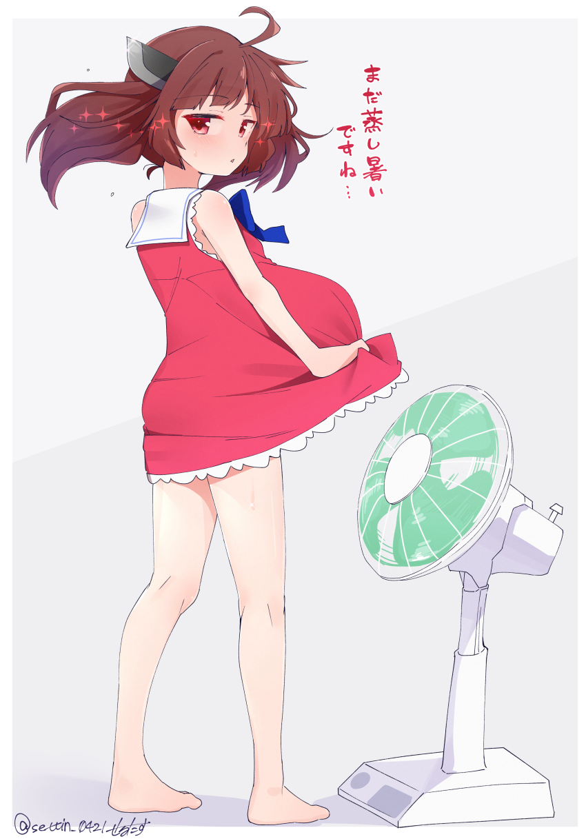 1girl, absurdres, ahoge, barefoot, brown_eyes, brown_hair, electric_fan, fanning_crotch