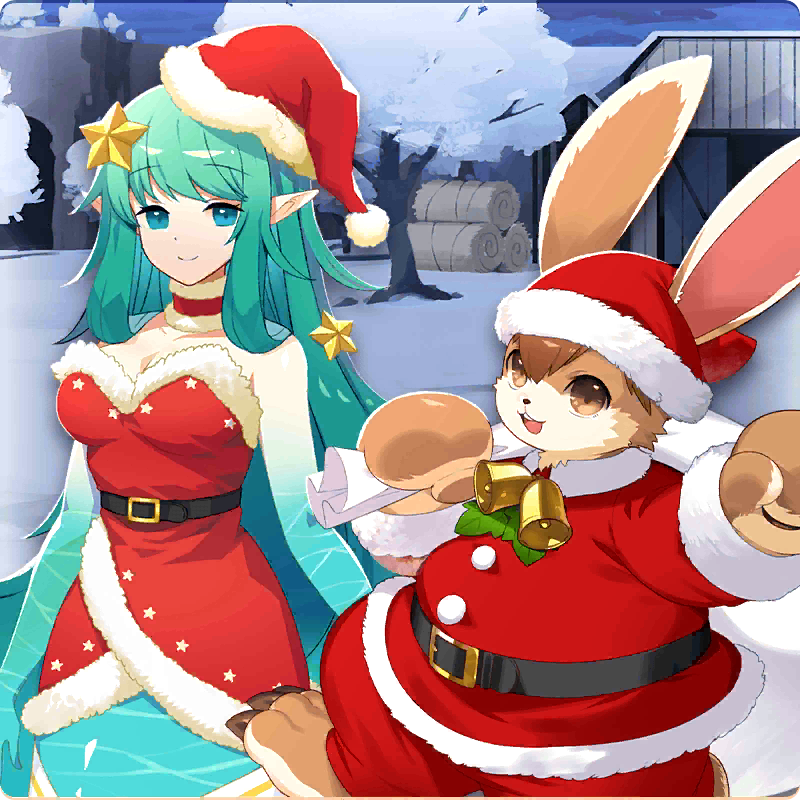 1girl, christmas, green_eyes, green_hair, hair_ornament, hare_(monster_farm), hat, line:_monster_farm