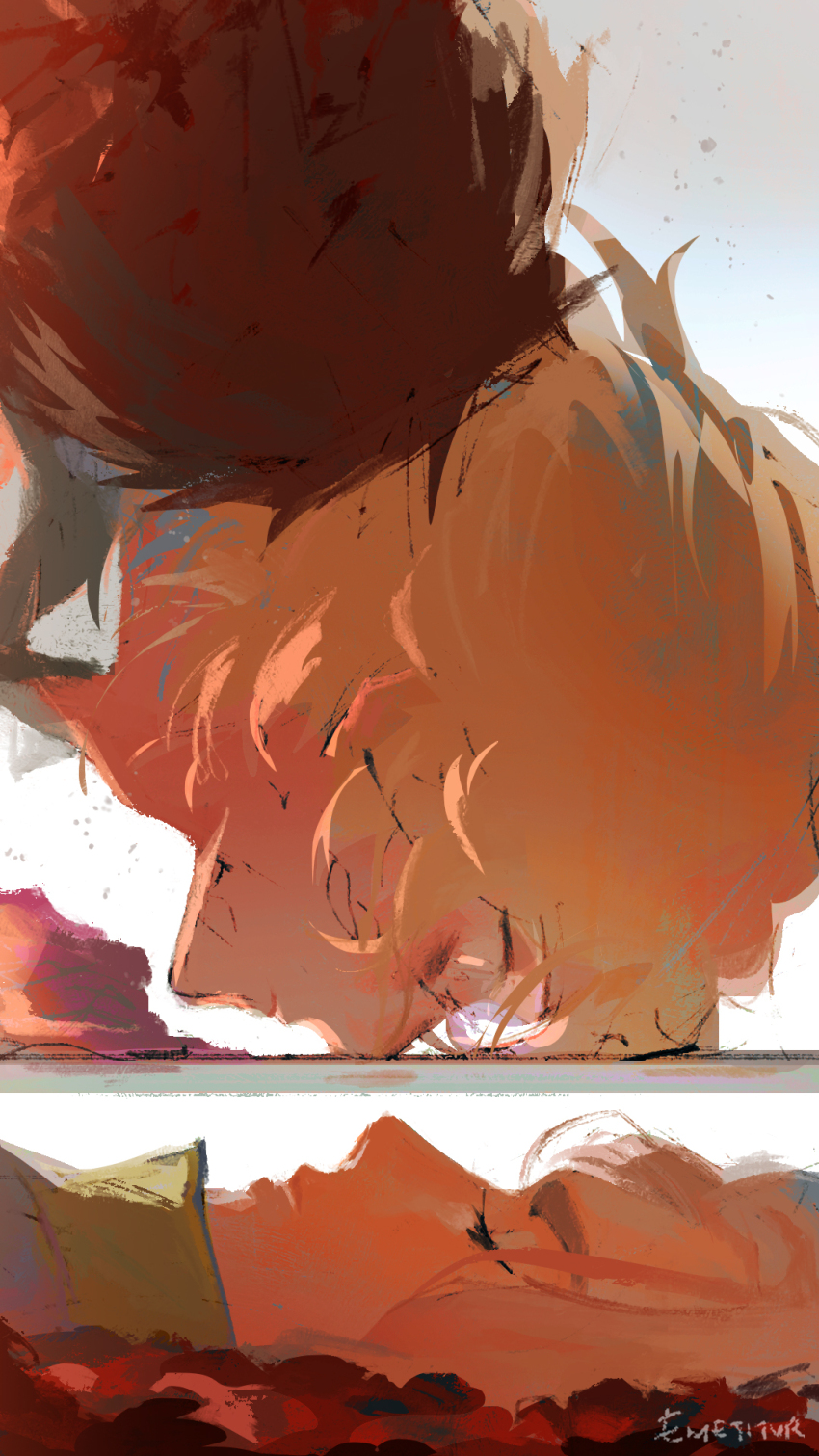 1girl, 2boys, alien_stage, blonde_hair, brown_hair, closed_eyes, commentary, dark-skinned_female