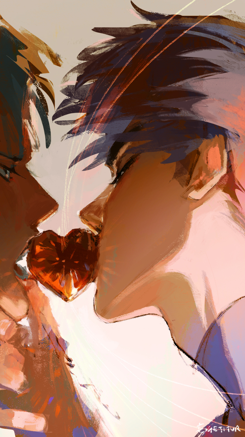 2boys, alien_stage, black_hair, closed_eyes, commentary, emetitur, english_commentary, grey_hair, hand_on_another's_chin, heart, highres, ivan_(alien_stage), male_focus, multiple_boys, signature, till_(alien_stage), yaoi