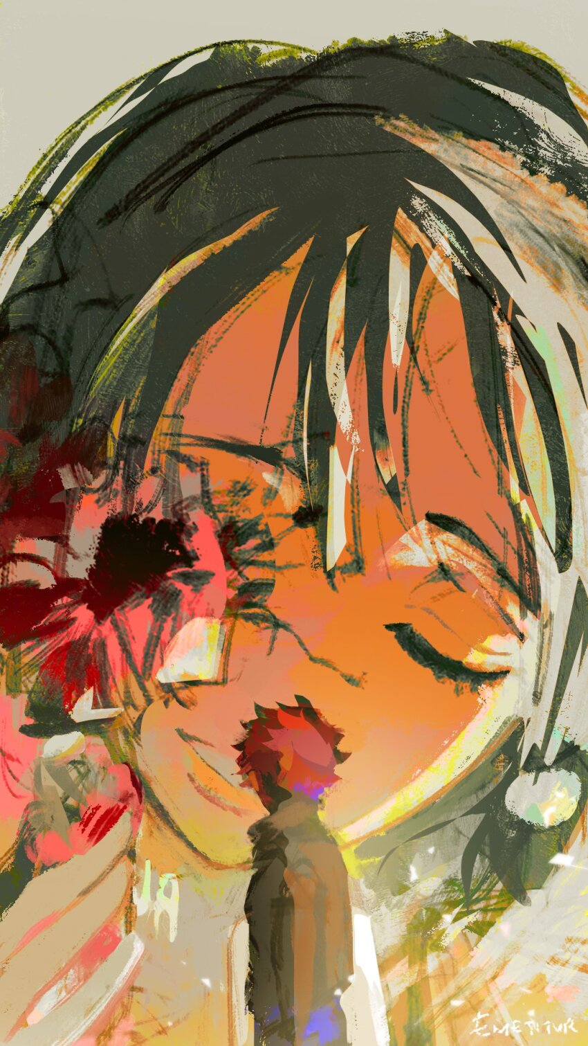 2girls, alien_stage, black_hair, closed_eyes, commentary, cracked_skin, emetitur, english_commentary