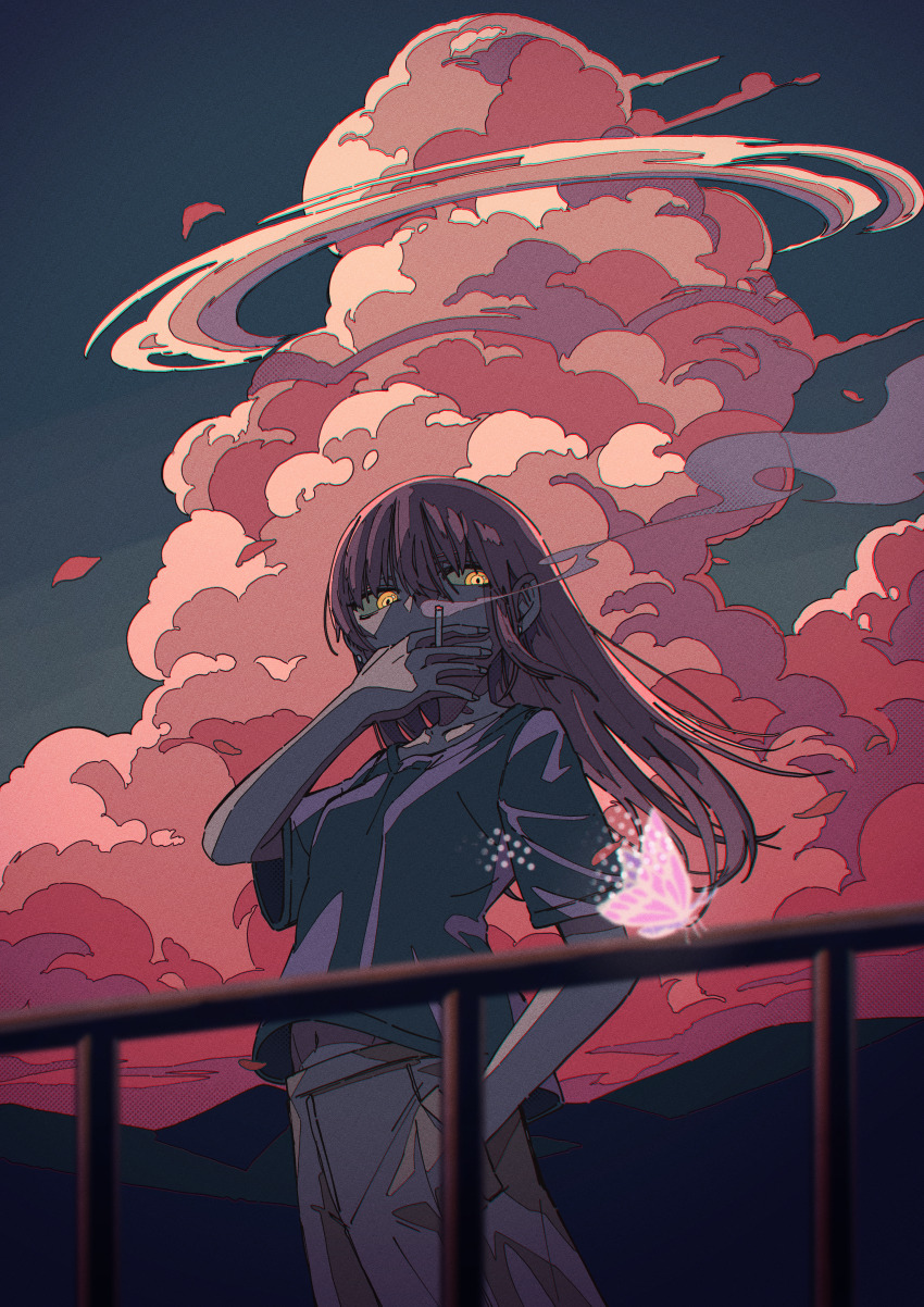 1girl, absurdres, animal, blurry, blurry_foreground, bug, butterfly, cigarette