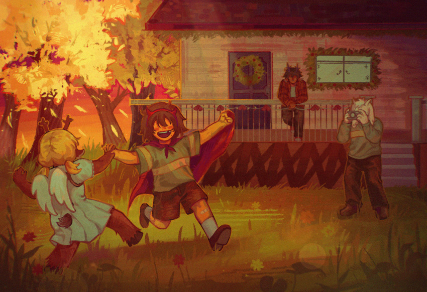 1boy, 1other, 2girls, aged_down, angel_wings, antlers, asriel_dreemurr, camera