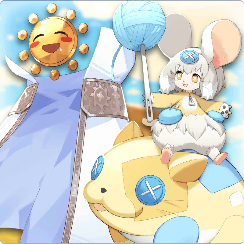 animal_ears, buttons, cape, cat, furry, furry_female, gali_(monster_farm), happy_mask_(monster_farm), line:_monster_farm, living_plush, mask, midget, monster, monster_farm, monster_girl, mouse_girl, needle, official_art, patchnyaako_(monster_farm), whiskers, yarn, yarn_ball, yggdrasil_(monster_farm)