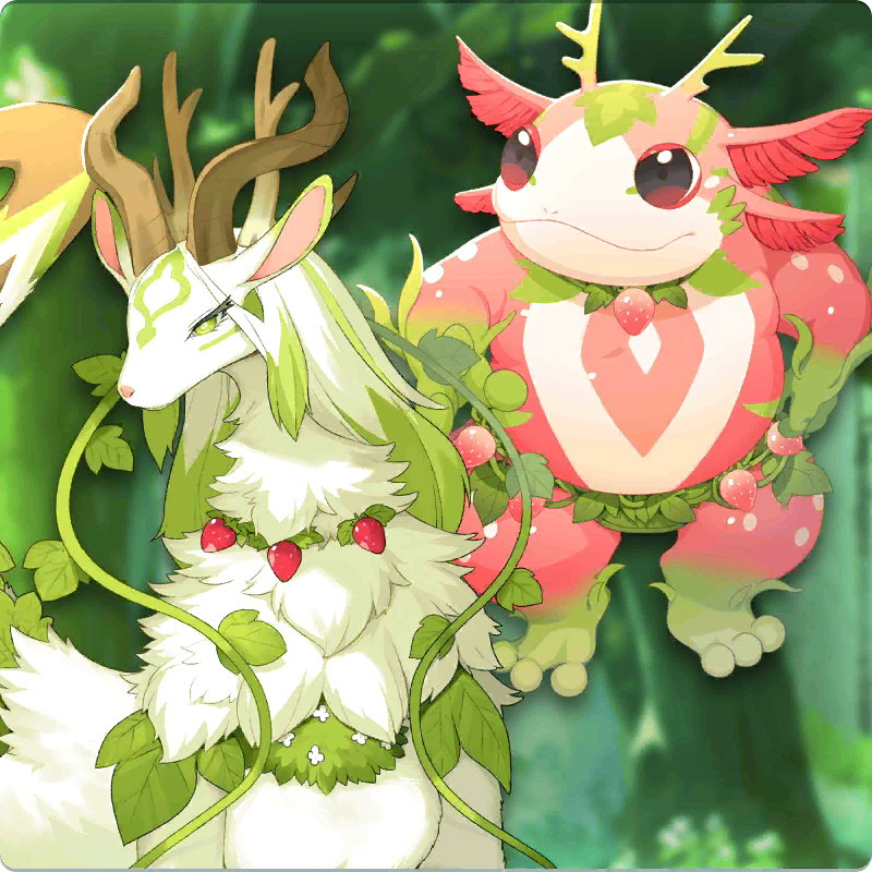 axolotl, dragon, food, fruit, horns, ichigo_(monster_farm), kawazumo_(monster_farm), line:_monster_farm