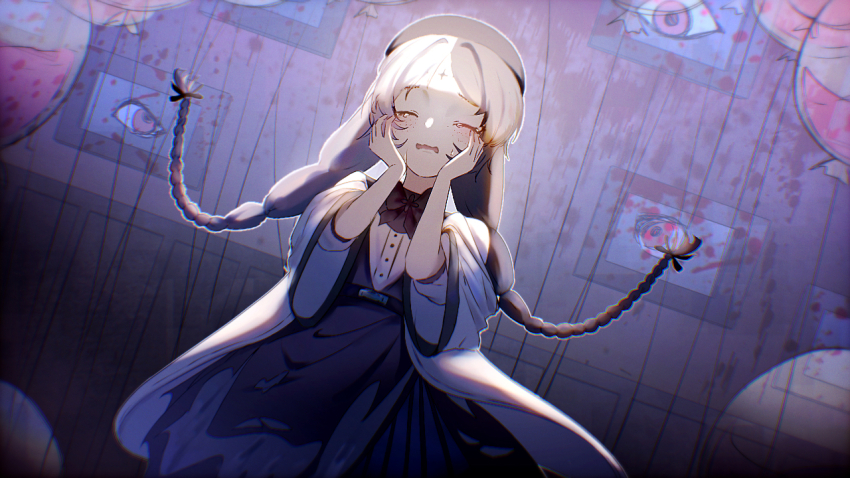 1girl, balloon, balloon_party, beret, black_bow, black_bowtie, black_hair, black_hat