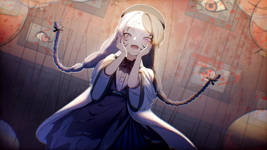 1girl, :d, balloon, balloon_party, beret, black_bow, black_bowtie, black_hair