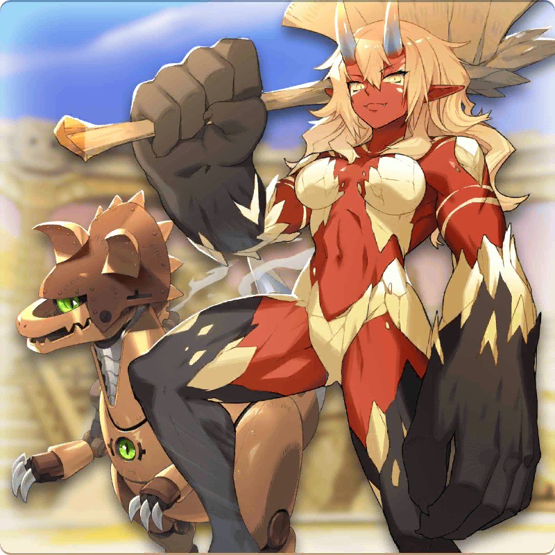 1girl, axe, colosseum, dino_(monster_farm), dinosaur, fangs, giant_hand, horns, kijin_(monster_farm), large_hands, line:_monster_farm, monster_farm, monster_girl, muscular, muscular_female, official_art, oni, pointy_ears, robot, techno_dino_(monster_farm)