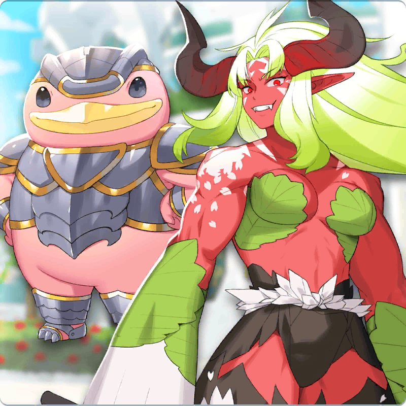 1girl, armor, armorcchi_(monster_farm), beak, fangs, green_hair, hanayoridango_(monster_farm), horns, kijin_(monster_farm), large_hands, line:_monster_farm, monster_farm, monster_girl, muscular, muscular_female, official_art, oni, pointy_ears, red_eyes, smile