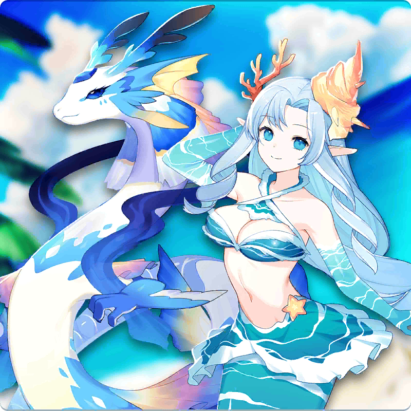 1girl, blue_eyes, blue_hair, caracola, coral, dragon, hair_ornament, line:_monster_farm