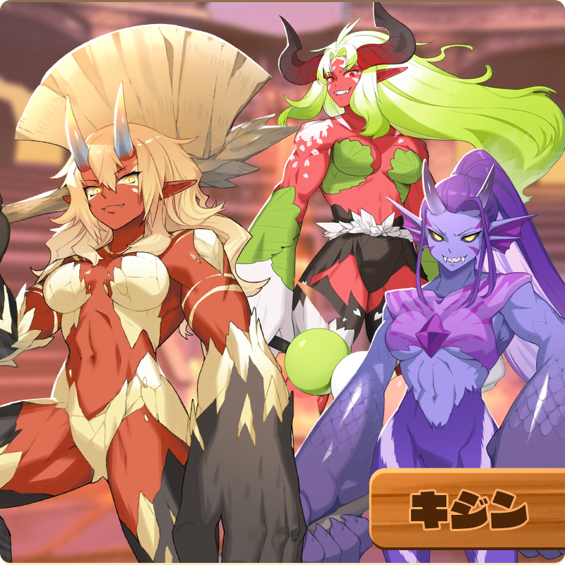 3girls, axe, bikini, black_sclera, blonde_hair, colored_sclera, colored_skin, dango, fangs, food, giant_hand, green_hair, hanayoridango_(monster_farm), horns, kijin_(monster_farm), lamia_(monster_farm), large_hands, line:_monster_farm, monster_farm, multiple_girls, muscular, muscular_female, official_art, oni, ponytail, purple_hair, purple_skin, red_eyes, red_skin, scales, smile, swimsuit, wagashi, yellow_eyes