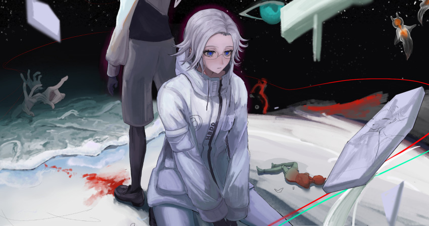 2boys, aotsuki_eito, back-to-back, beach, black_gloves, black_shoes, black_vest, blood