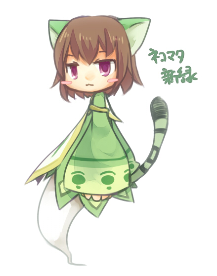 1girl, :3, animal_ears, blush_stickers, brown_hair, cat_ears, cat_girl, cat_tail