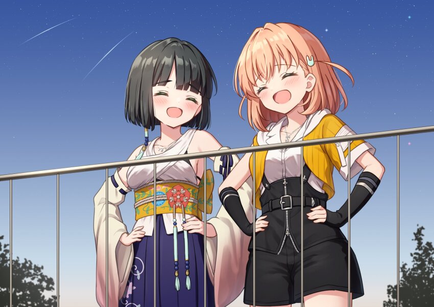 2girls, :d, ^_^, bare_shoulders, black_bra, black_gloves, black_hair, black_shorts