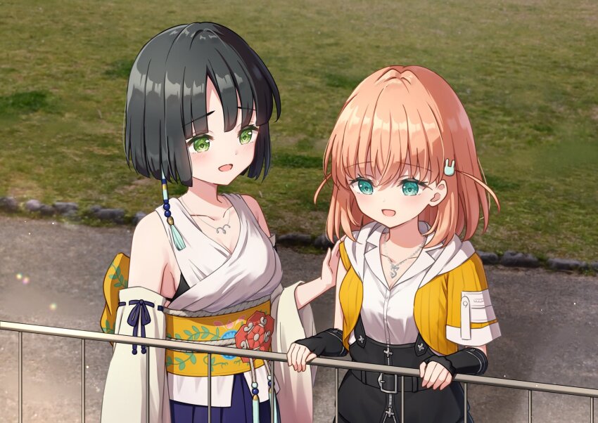 2girls, :d, aqua_eyes, bare_shoulders, black_bra, black_gloves, black_hair, blunt_ends