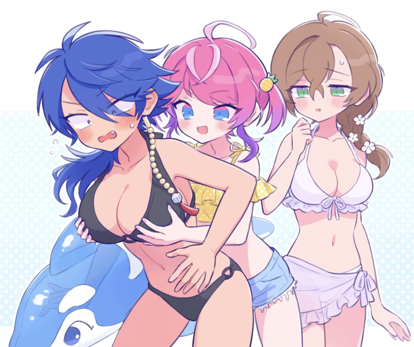 3girls, absurdres, amemura_ramuda, arisugawa_dice, bare_shoulders, bikini, black_bikini, blue_background