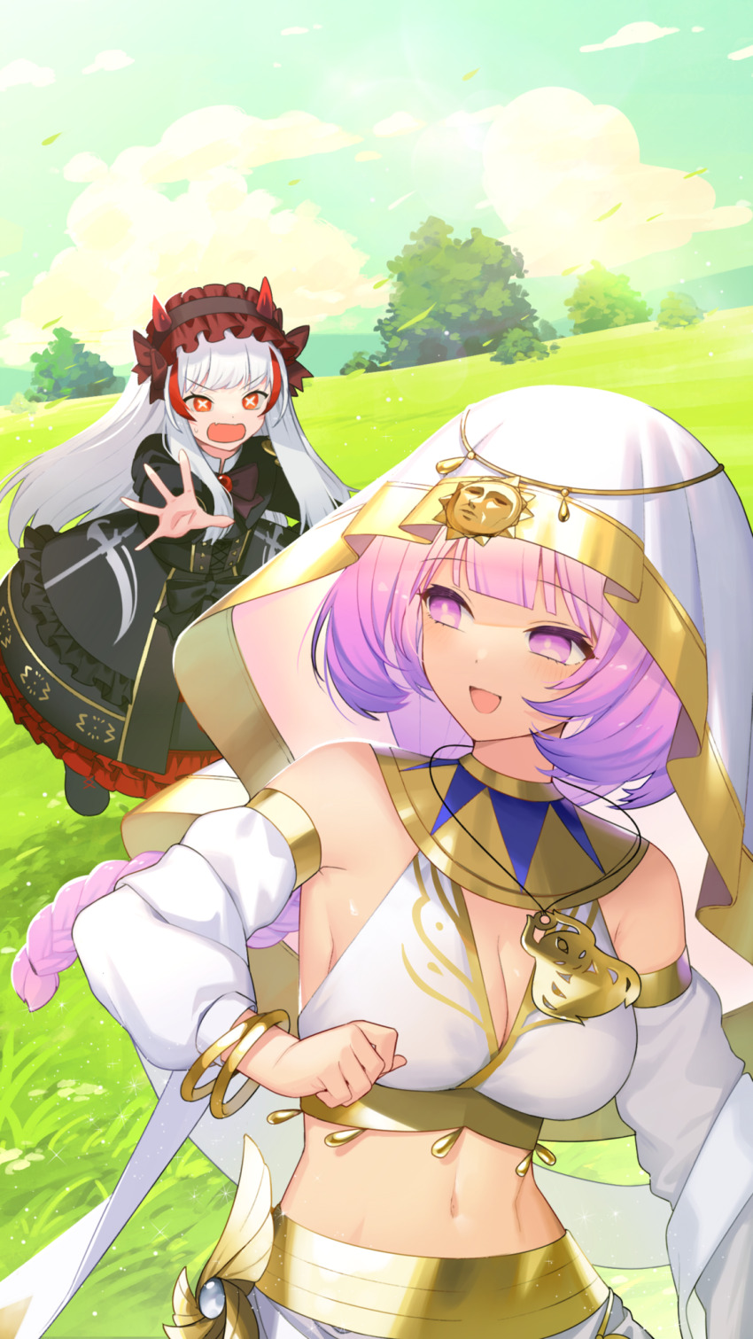 +_+, 2girls, arabian_clothes, gali_(monster_farm)_cosplay, gothic_lolita, hakutaku_(monster_farm), highres, jewelry, joker_(monster_farm)_cosplay, line:_monster_farm, lolita_fashion, marta_(monster_farm), mikalaeas_(monster_farm), monster_farm, multiple_girls, official_art, purple_eyes, purple_hair, red_eyes, white_hair