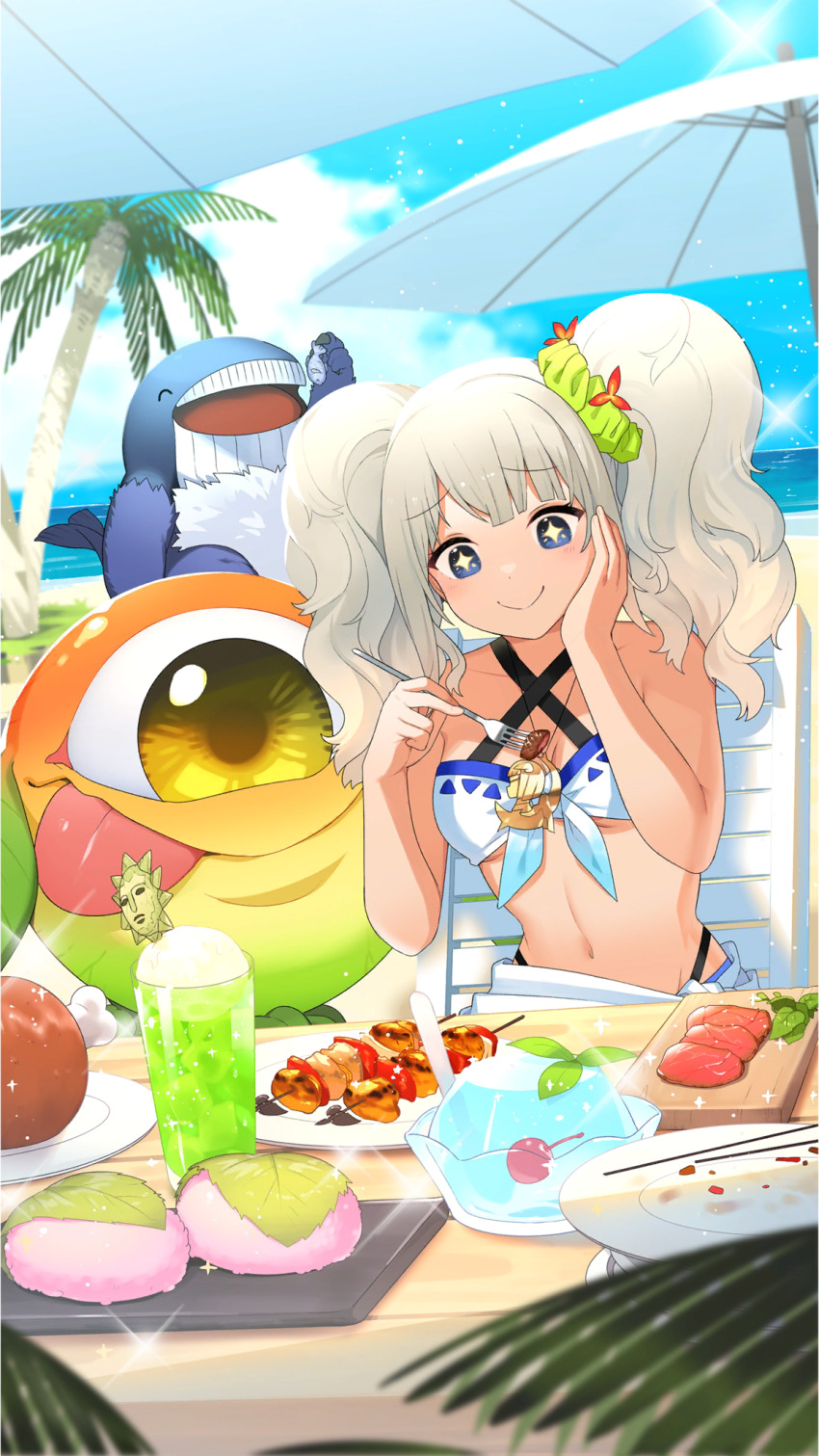 1girl, beach, bikini, blue_eyes, brochette, dango, drink, food