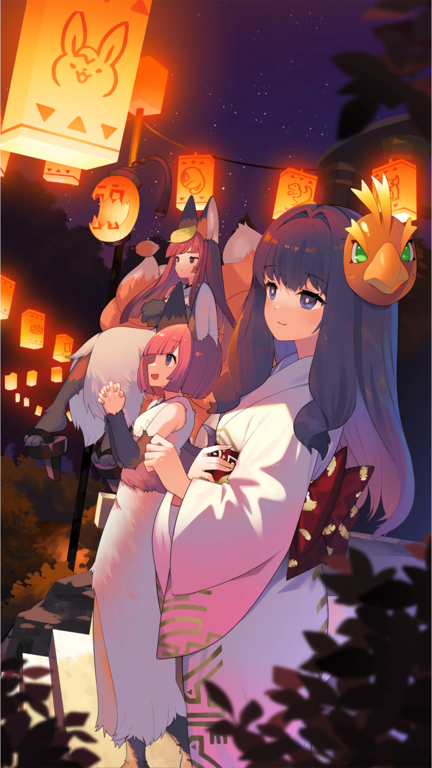 3girls, animal_ears, black_hair, dino_(monster_farm), festival, fur_dress, hare_(monster_farm), highres