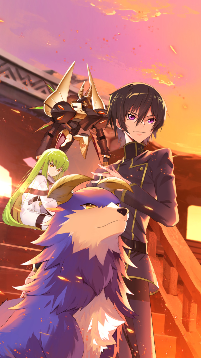 1boy, 1girl, black_hair, c.c., code_geass, collaboration_works, green_hair, gwain_(monster_farm)