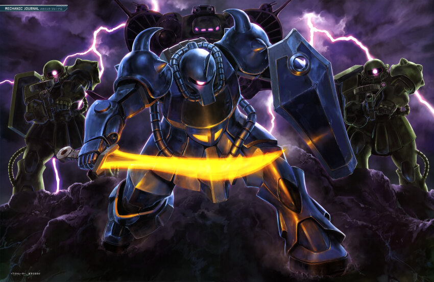 absurdres, aiming, artist_request, cable, cloud, cloudy_sky, desert, gouf, gun, gundam, gundam_perfect_file, highres, lightning, machine_gun, machinery, magazine_scan, mecha, mecha_focus, mobile_suit, mobile_suit_gundam, night, no_humans, painting_(medium), realistic, robot, scan, scene_reference, science_fiction, shield, shoulder_spikes, sky, spacecraft, spikes, storm, sword, traditional_media, weapon, zaku_ii, zanzibar_(space_shuttle), zeon