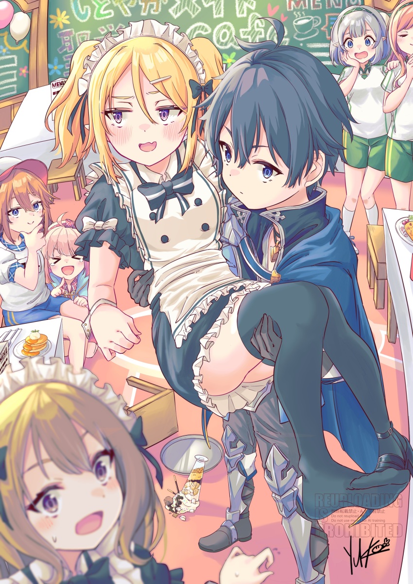 >_<, 1boy, 6+girls, absurdres, alternate_costume, apron, black_hair, blonde_hair