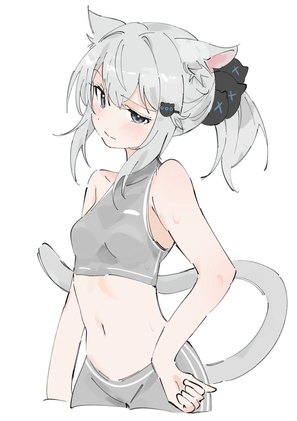 1girl, animal_ear_fluff, animal_ears, bare_shoulders, black_scrunchie, blush, breasts, cat_ears