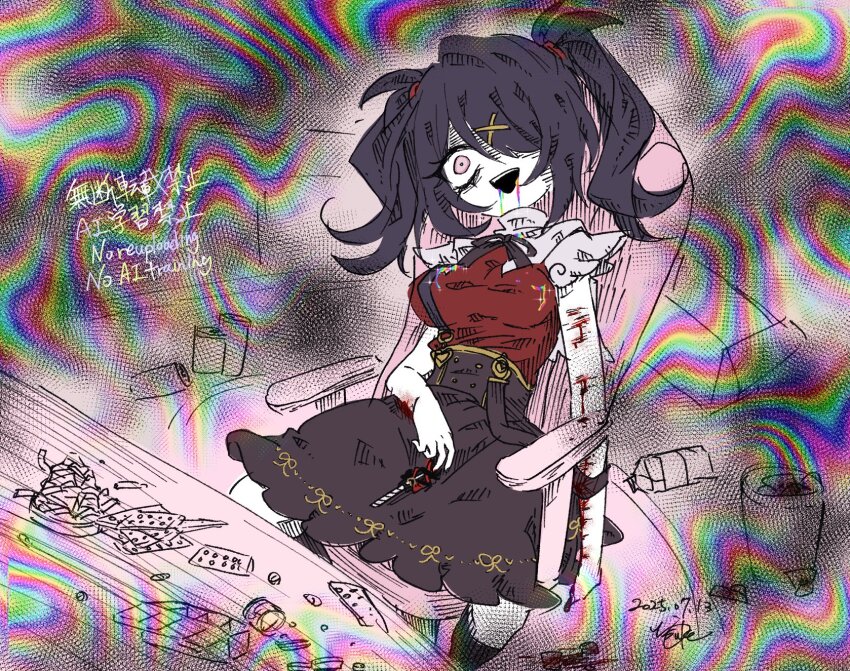 1girl, ame-chan_(needy_girl_overdose), bags_under_eyes, black_hair, black_ribbon, black_skirt, blood, bottle