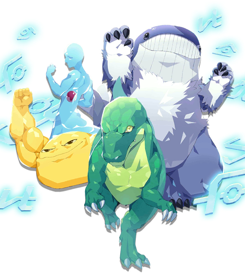 dino_(monster_farm), dinosaur, gaboo, highres, jell_(monster_farm), land_whale, line:_monster_farm, liquid_body, monster, monster_farm, official_art, zilla_(monster_farm)