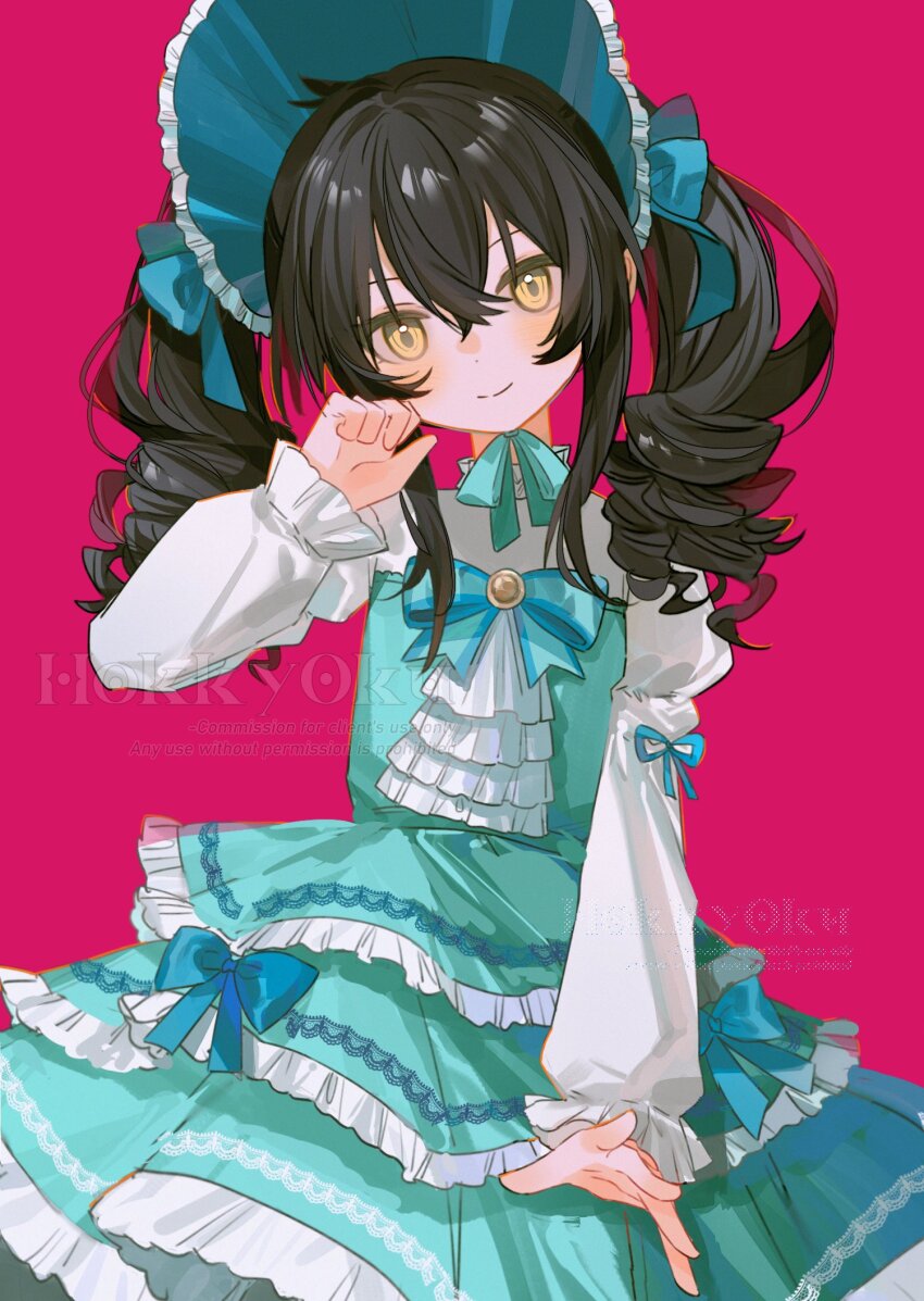 1girl, aqua_dress, black_hair, blush, bonnet, child, commission, dress