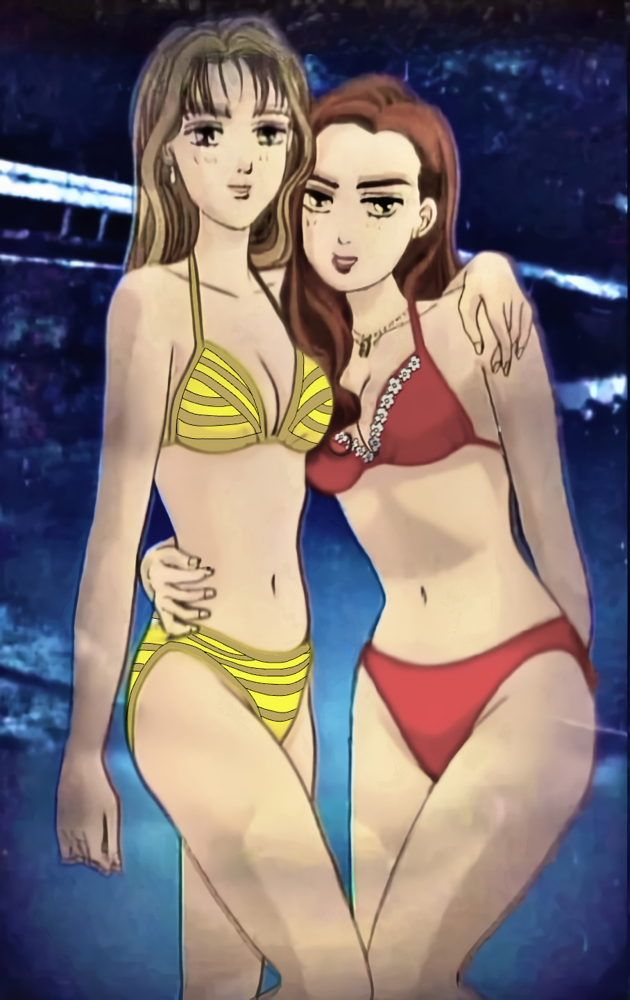 2girls, arm_on_another's_shoulder, arm_support, arms_on_waist, bikini, bra, breasts, brown_eyes