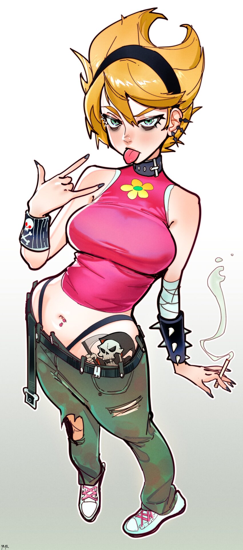 1girl, \m/, absurdres, aged_up, animification, bags_under_eyes, bandaged_arm, bandages